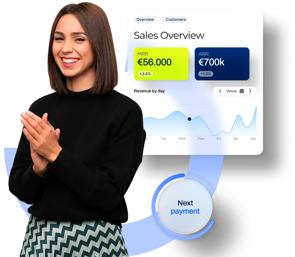 Home 1 A happy young woman next to a sales dashboard with MRR and ARR numbers