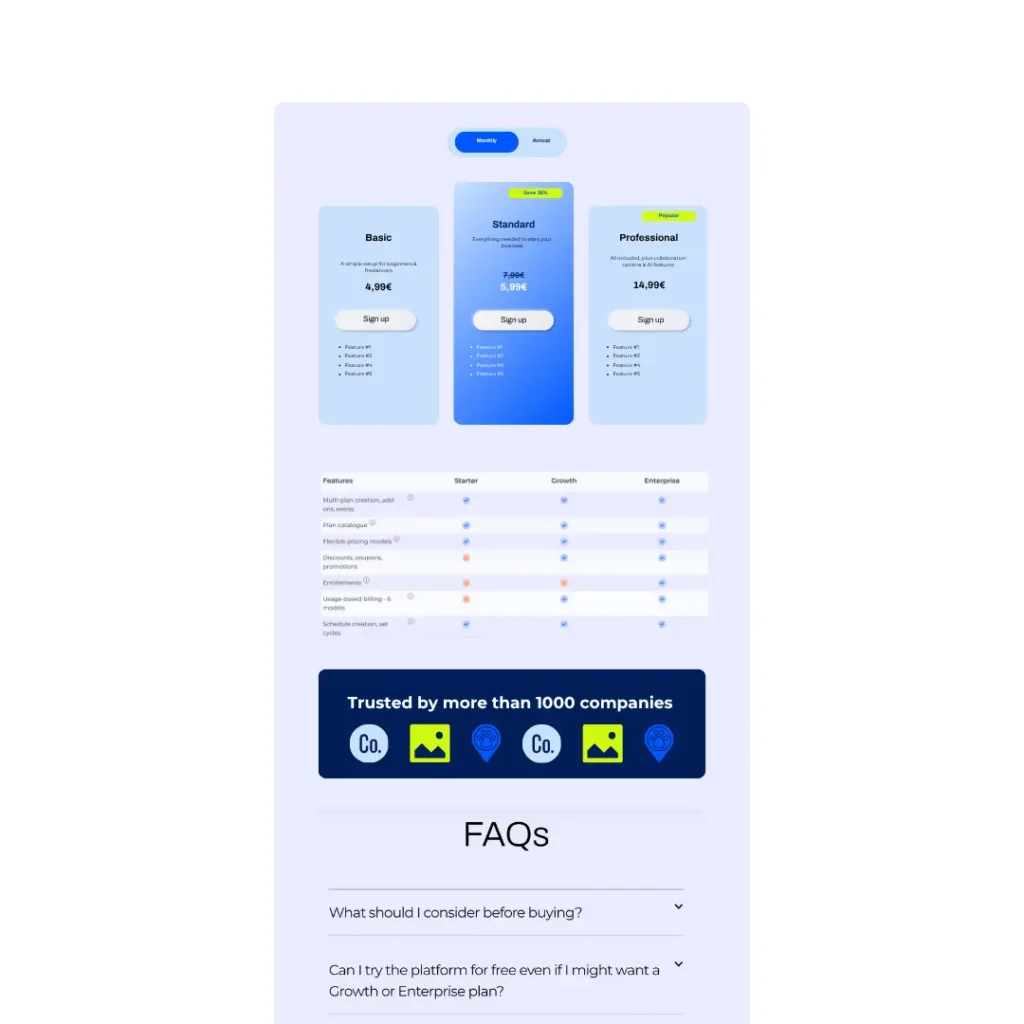 A subscription pricing page with the plans on top, then a feature comparison table, then customer logos and then an FAQ section