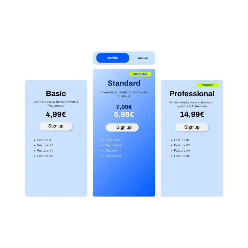 Three subscription plans next to each other with CTA buttons 
